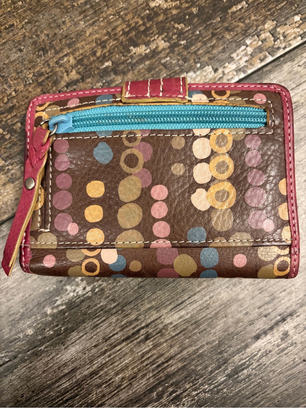 Fossil Brown Leather Wallet with Pink Trim and Multicolor Dot Print - Picture 2 of 5